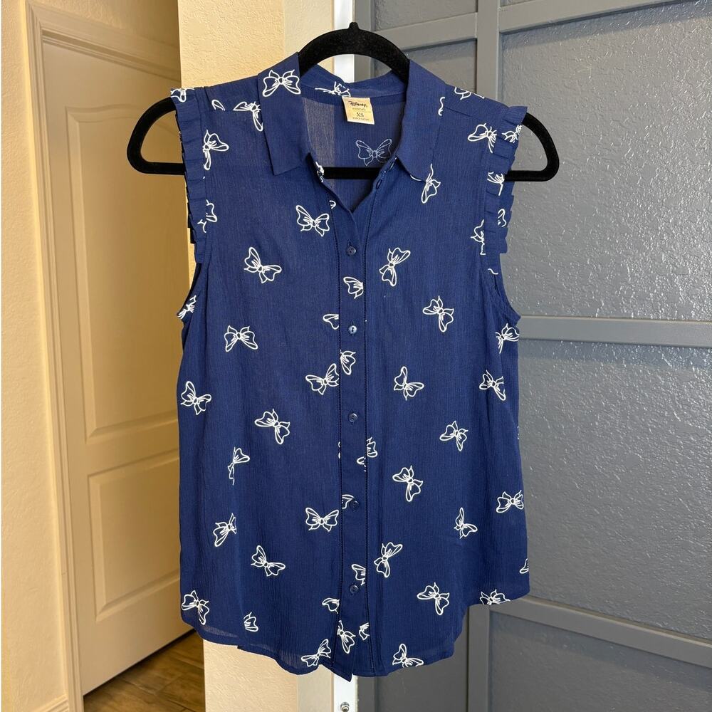 Disney Lauren Conrad Navy Minnie Mouse Bow Button Down Sleeveless Blouse XS